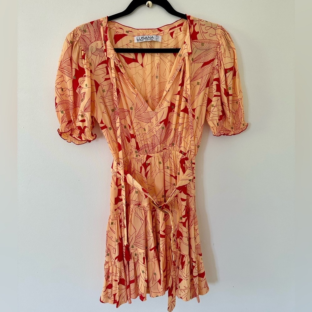 Anthropologie Lusana Peach Floral Wrap Dress with Red Accents NWOT